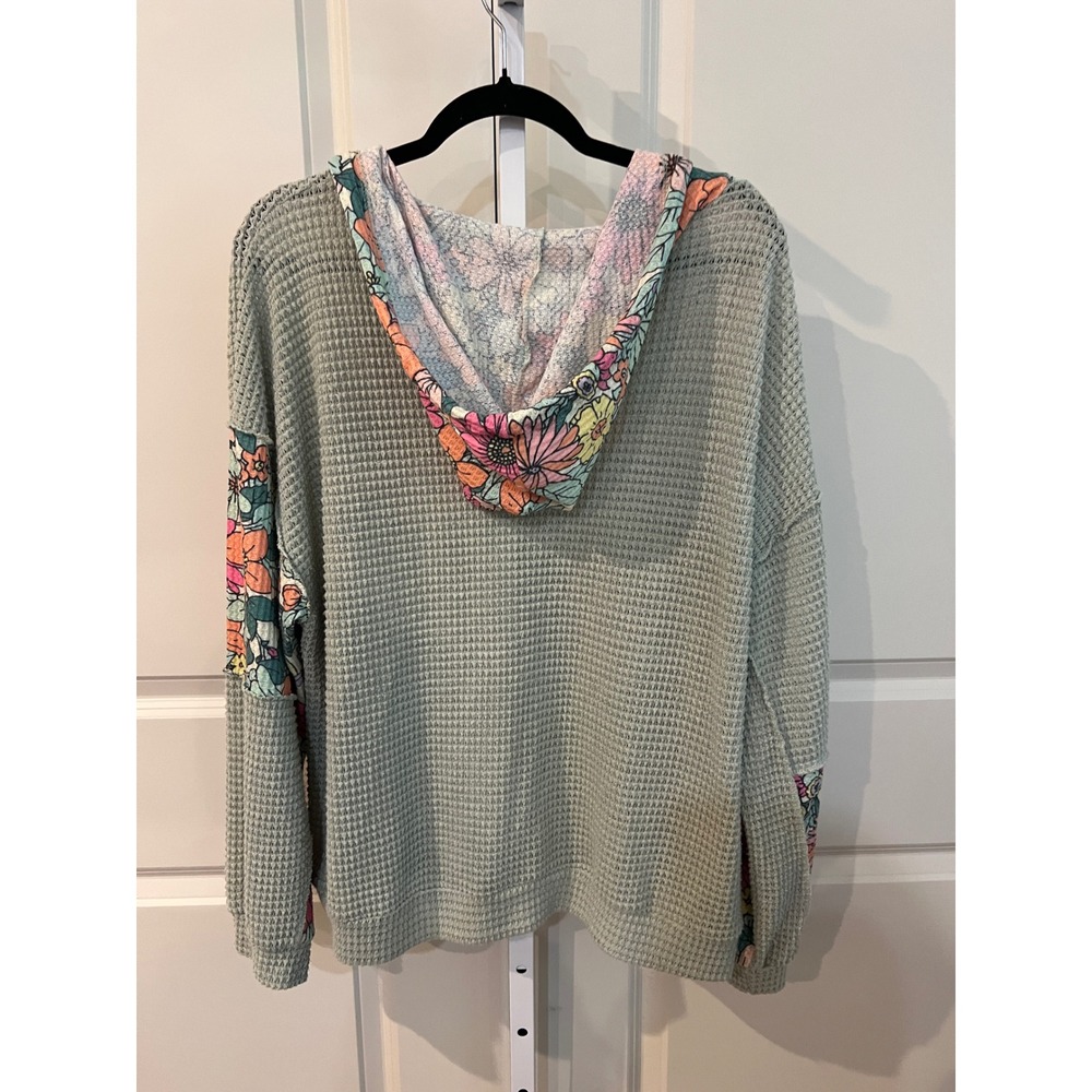 BiBi Sage Floral Patchwork Waffle Knit Hoodie Boho Long Sleeve Top - Picture 3 of 6